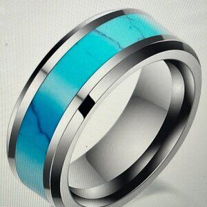 Simple Natural Turquoise Titanium Steel Ring Men's, Women's, Size 5
